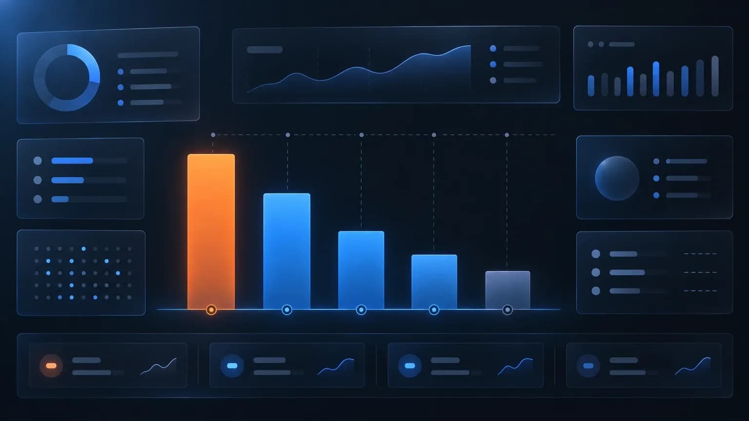 Five salary bars of different heights standing on one dotted baseline in a deep navy dashboard, each bar pinned to its own source marker, the tallest lit orange against blue and grey companions