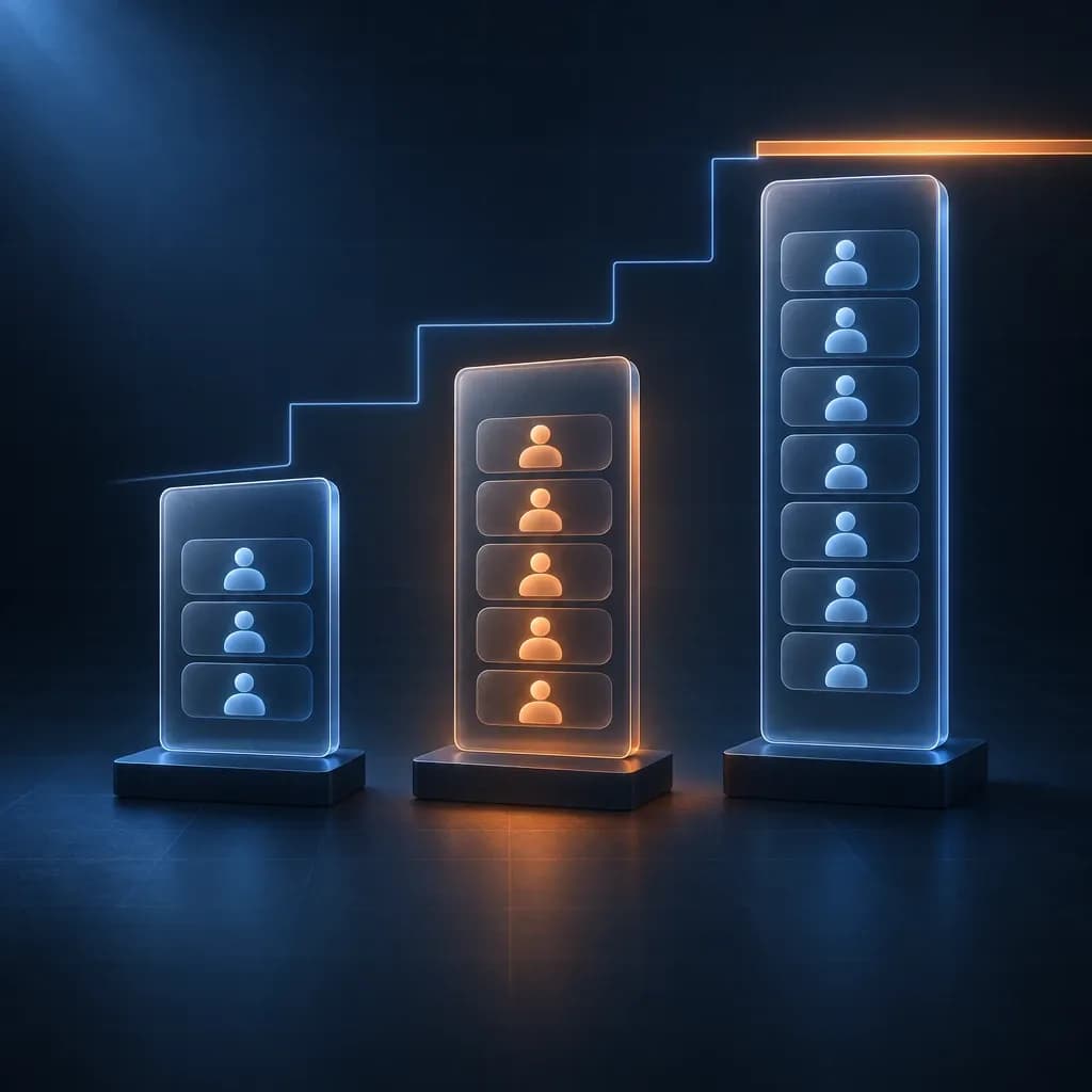 Three translucent tier cards of rising height on a dark surface, the tallest blocked by a flat ceiling bar, illustrating Calendly's per-seat plan ladder and the 50-seat Enterprise floor