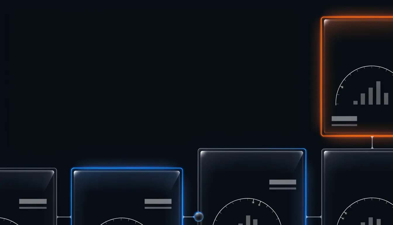 A lone orange framed glass panel on a deep navy field standing apart from a cluster of blue framed panels joined by thin glowing connector lines