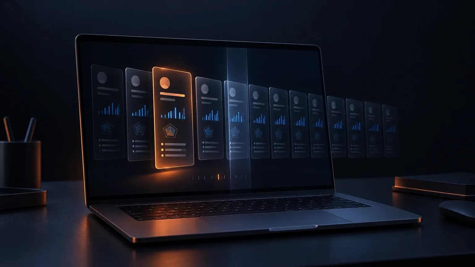 Concept illustration of a single portfolio candidate card lifted and lit in front of a long row of dimmed rival cards on a dark screen