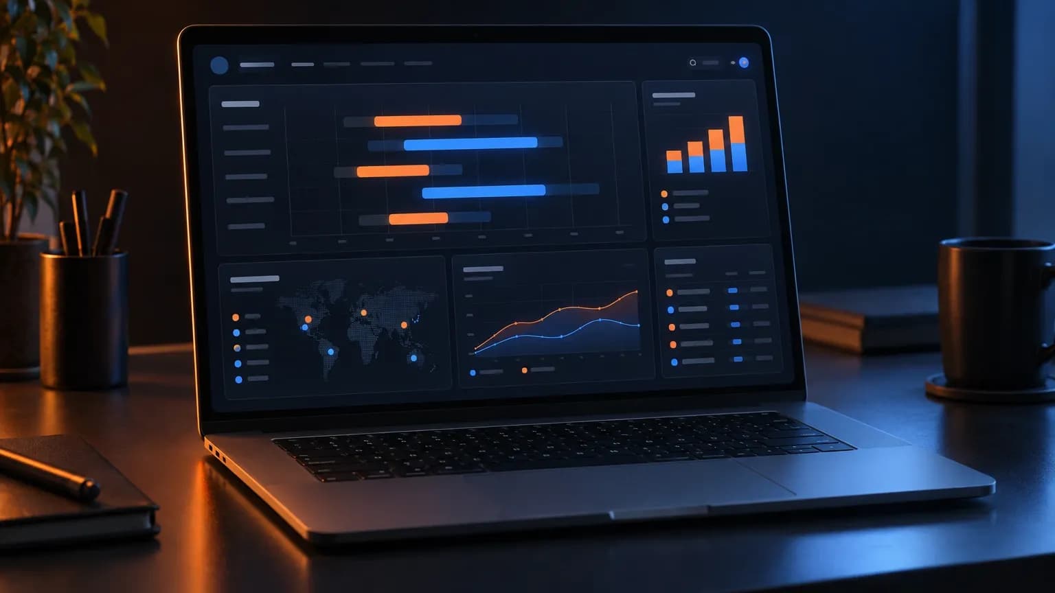 Dark SaaS salary comparison dashboard on a MacBook Pro screen, orange and blue chart bars on deep navy background, no readable text